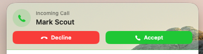 Incoming phone call banner on Claxon with Accept and Decline buttons