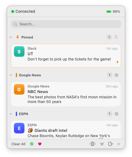Pinned notifications stay at top while regular notifications are grouped below