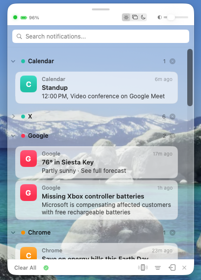 Claxon Light theme — clean bright panel with notification groups